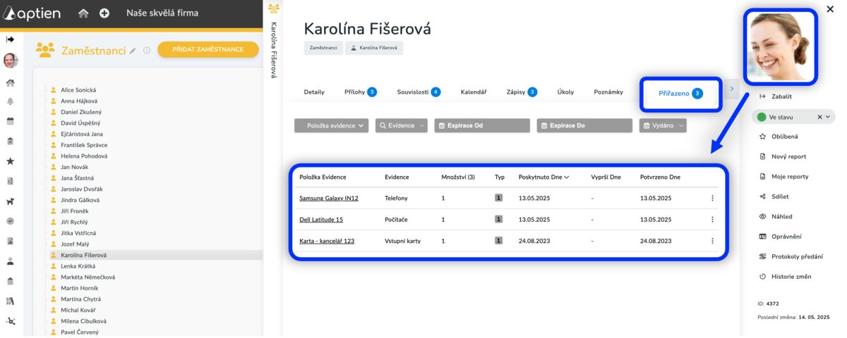 záložka přiřazeno - seznam přiřazeného pracovního vybavení zaměstnanci
