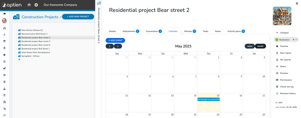 Calendar Tab - example for construction project