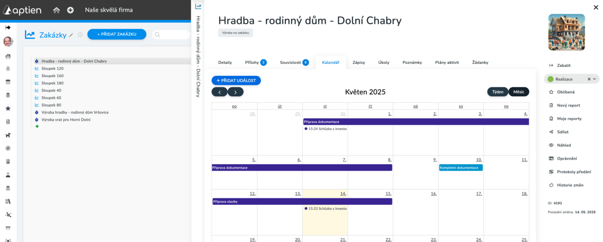 záložka kalendář - příklad kalendáře stavební zakázky