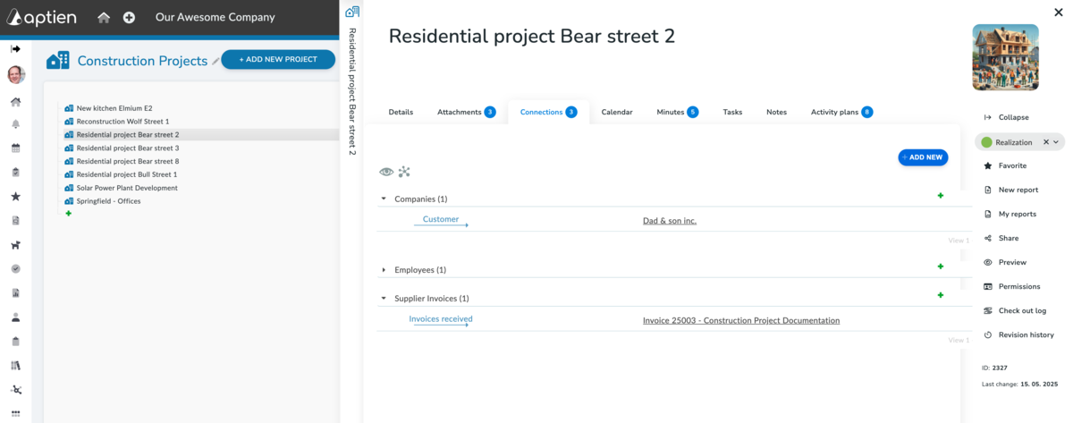 connections tab - example for construction project