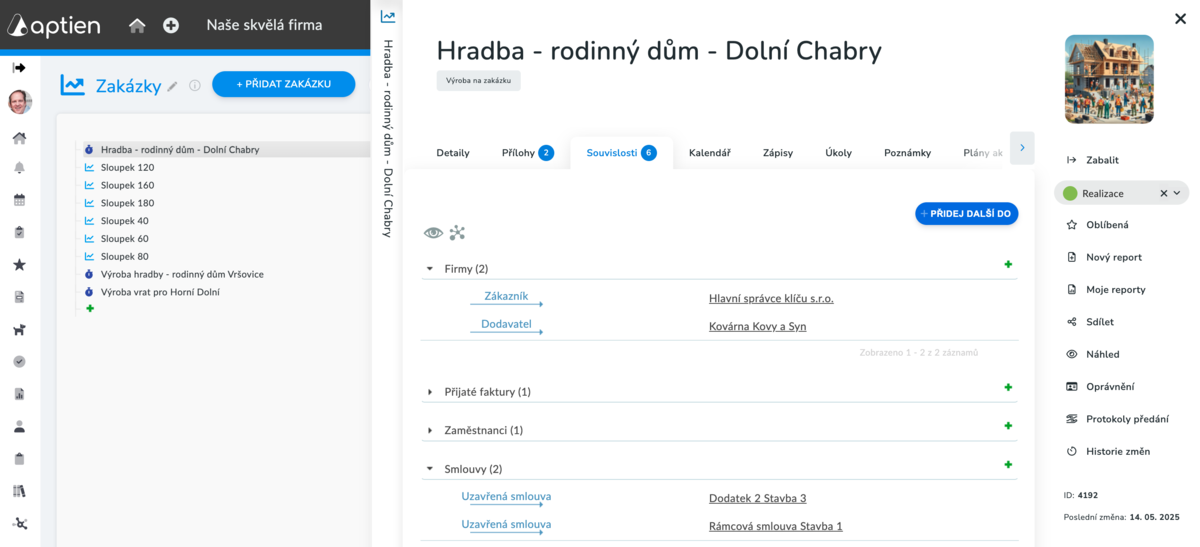 záložka souvislosti - příklad souvislostí stavební zakázky