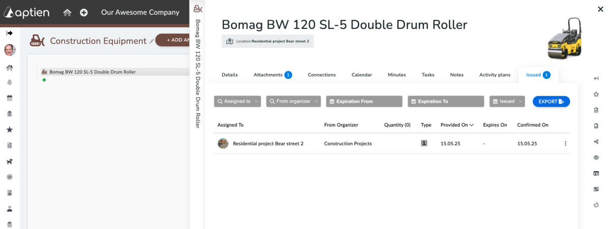 tab issued - example of construction equipment assigned to site