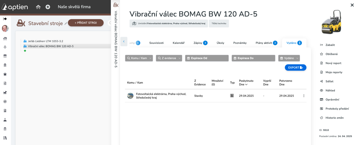 záložka vydáno - příklad stroje vydaného na stavbu