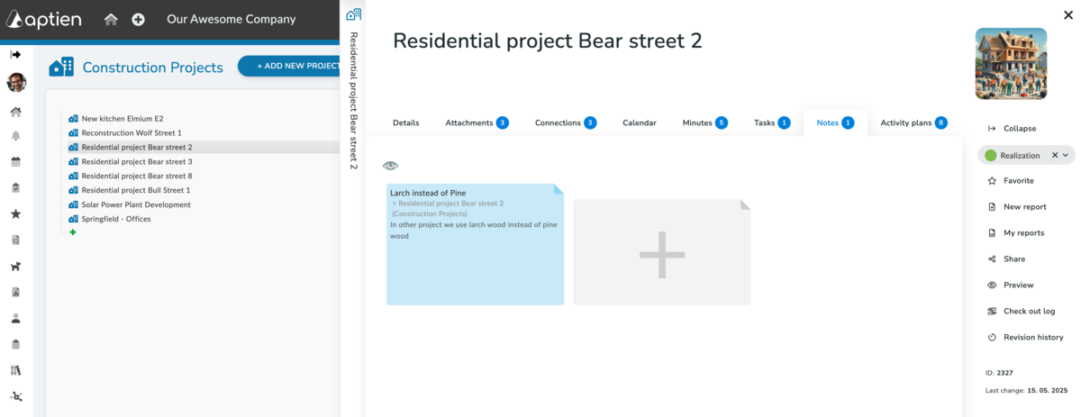 Notes tab - example for construction project