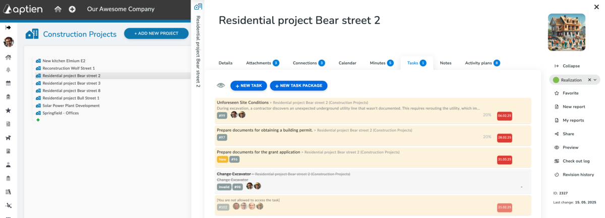 tasks tab - example for construction project