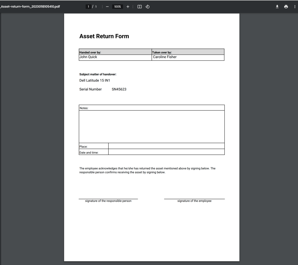 Asset Return Form | Forms Library | Aptien