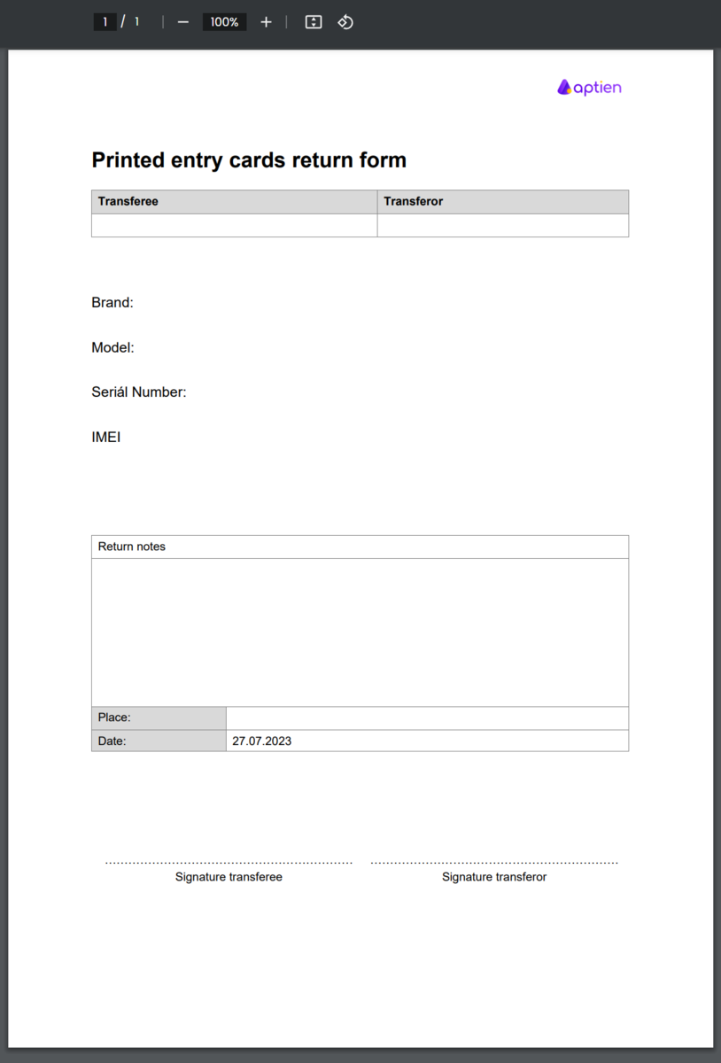 Entry card return report template