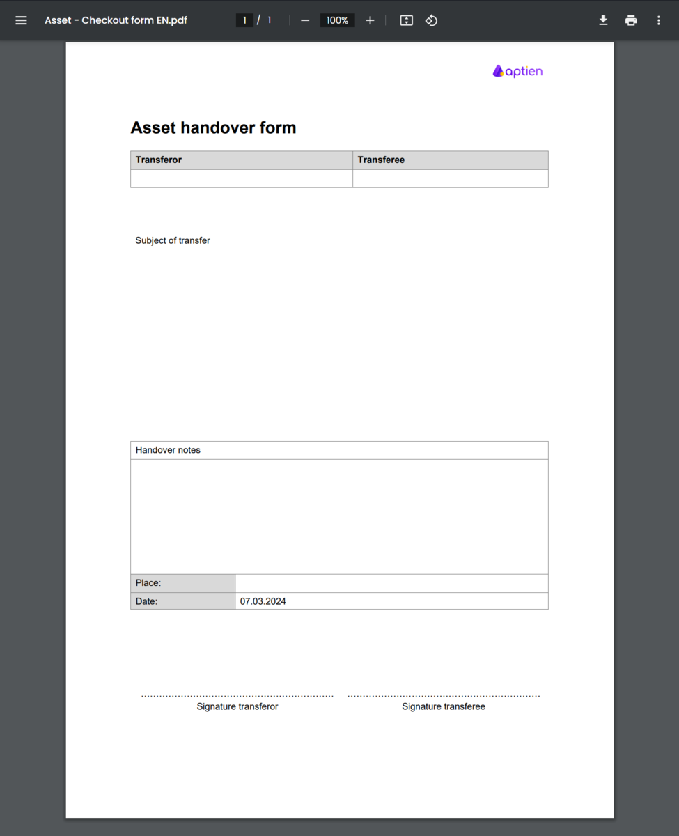 Printed handover form for asset