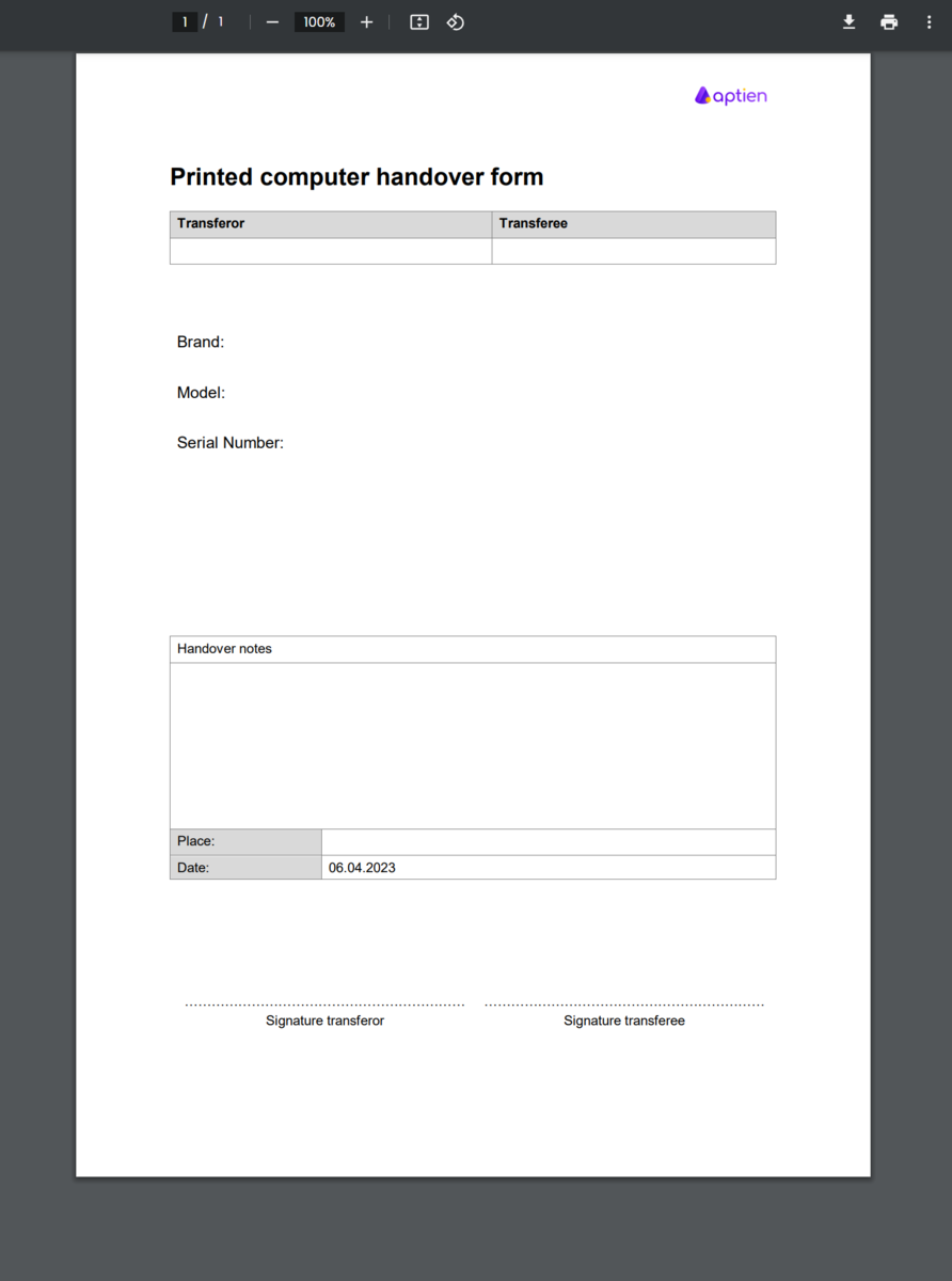 Printed handover form for computer