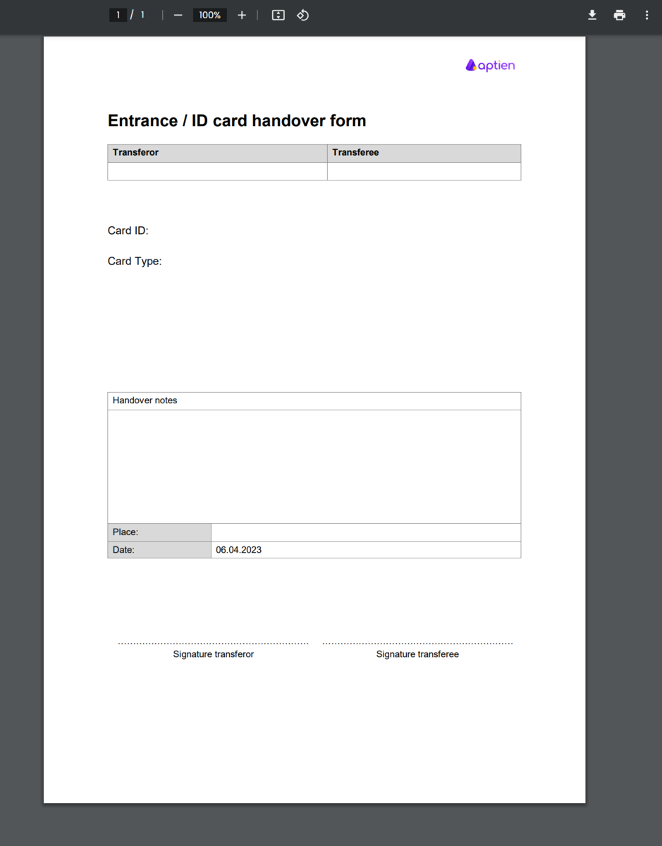 Printed handover form for ID/entrance card 