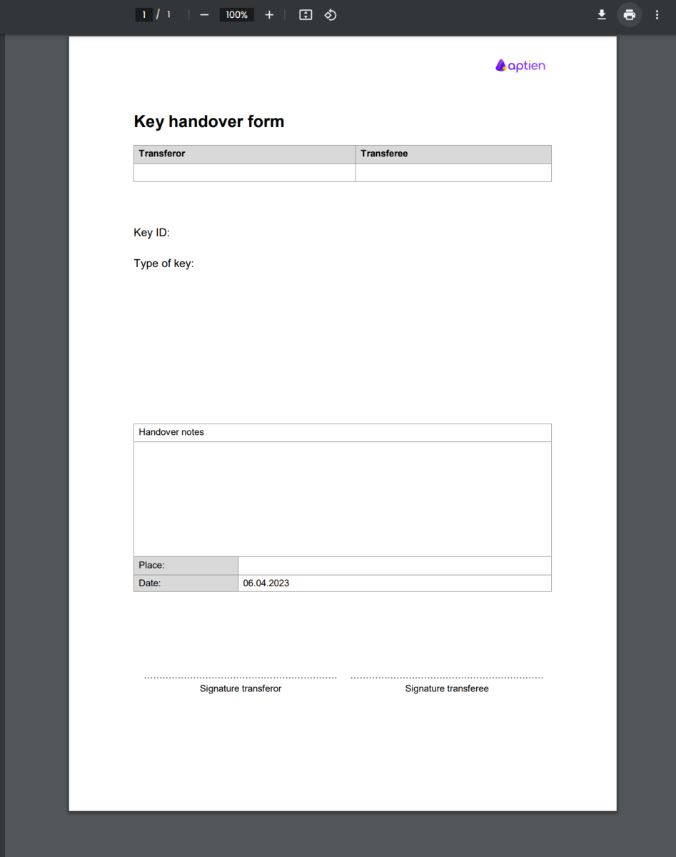 Printed handover form for keys