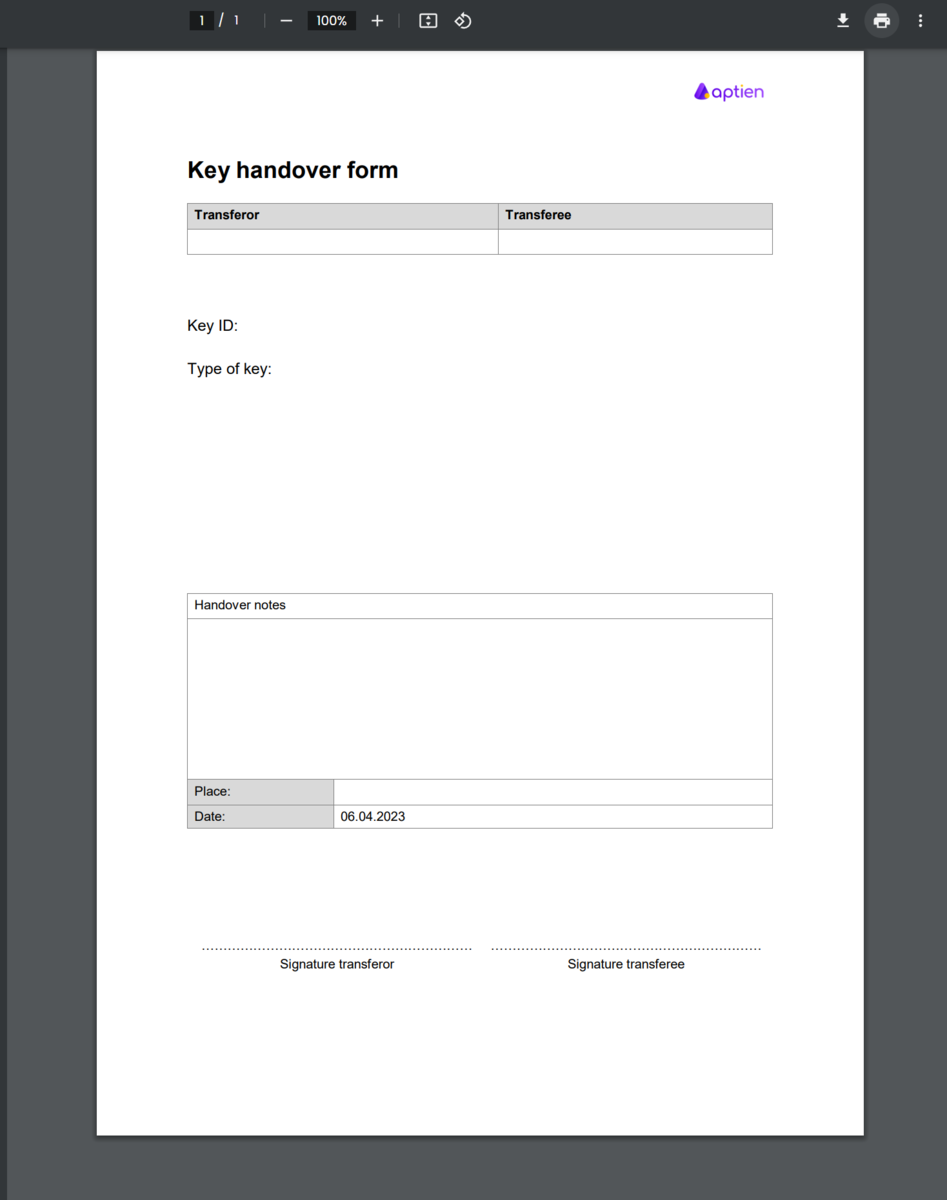 Printed Keys Handover Form Handover Checkout Assignments Aptien