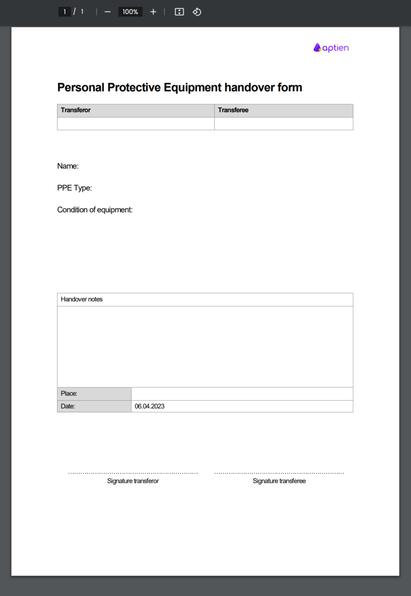 Printed handover form for Personal Protective Equipment