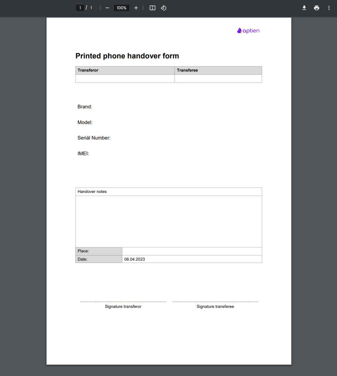 Printed handover form for phones