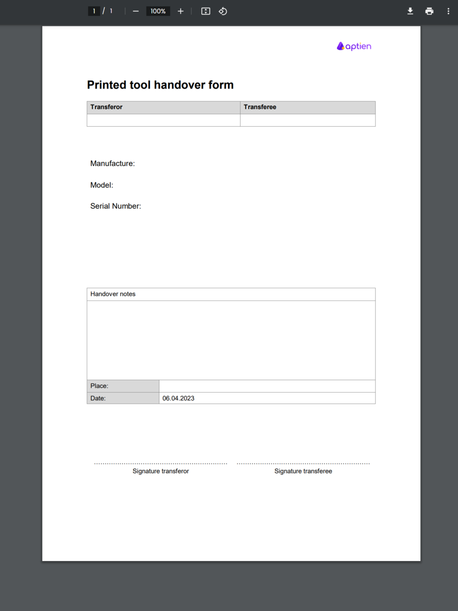 Printed handover form for tools 