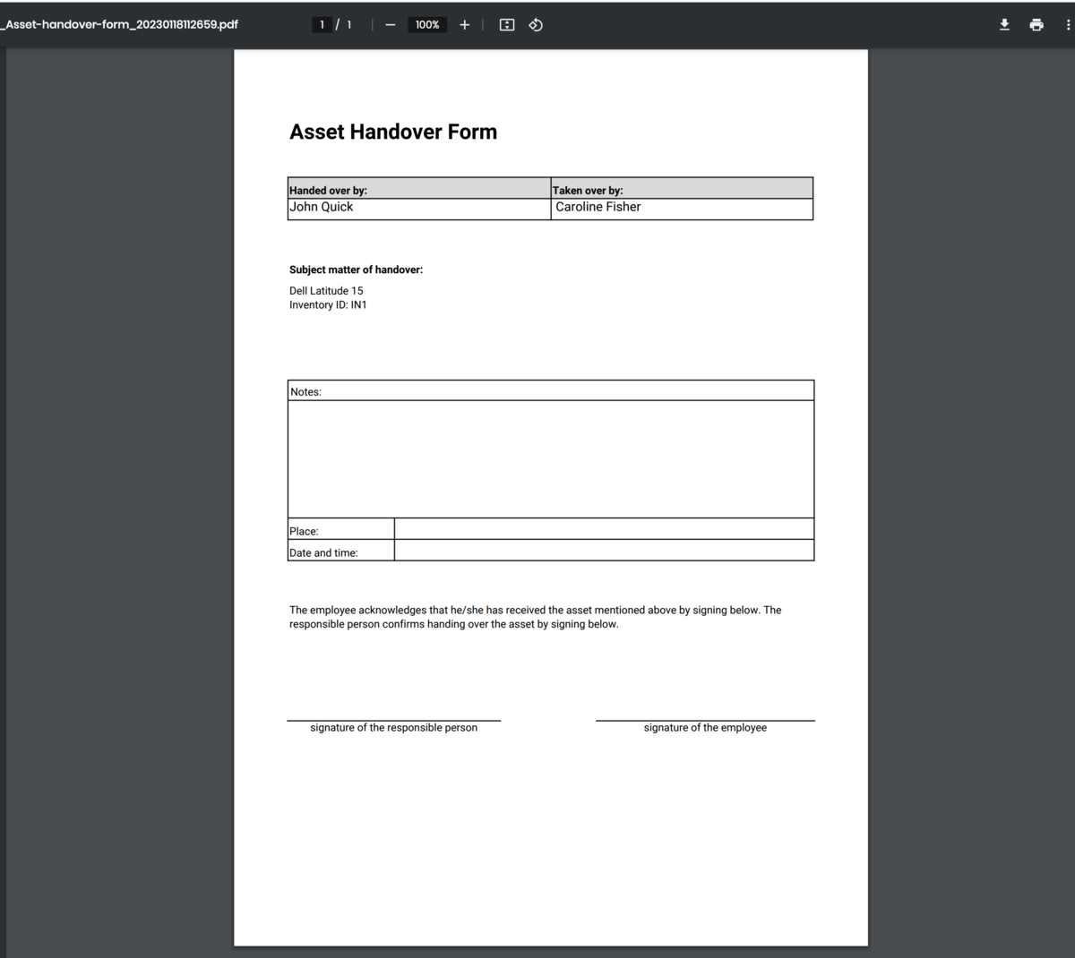 Printed Handover Form Print Forms Library Aptien