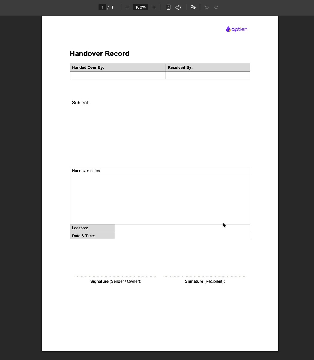 Sample template of Handover Record