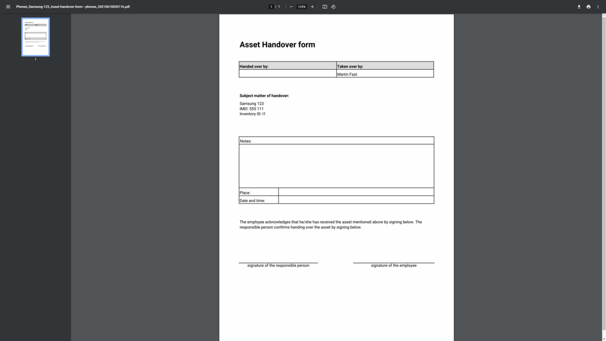 asset handover form