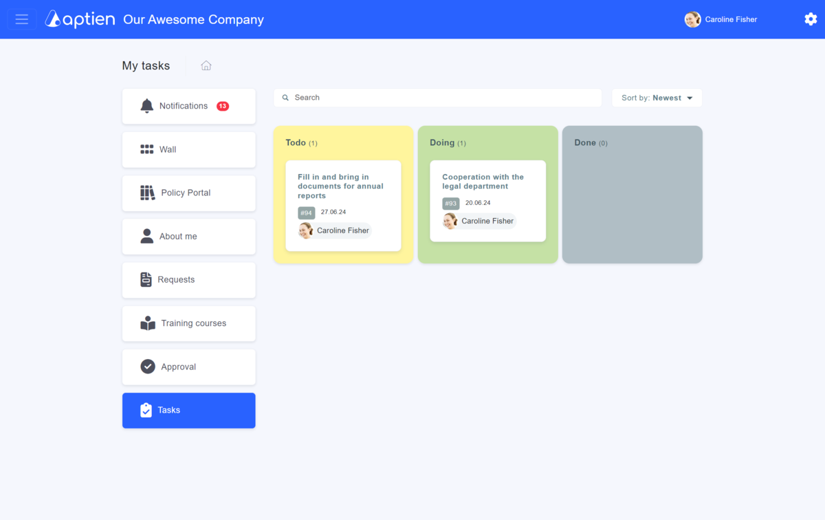 Overview of tasks in the employee portal