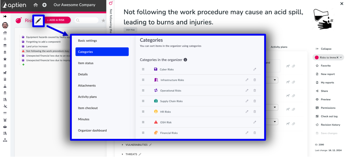 How to change risk types in risk register