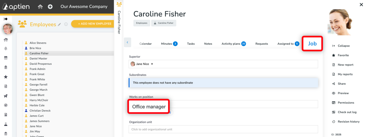 Job position occupied by an employee