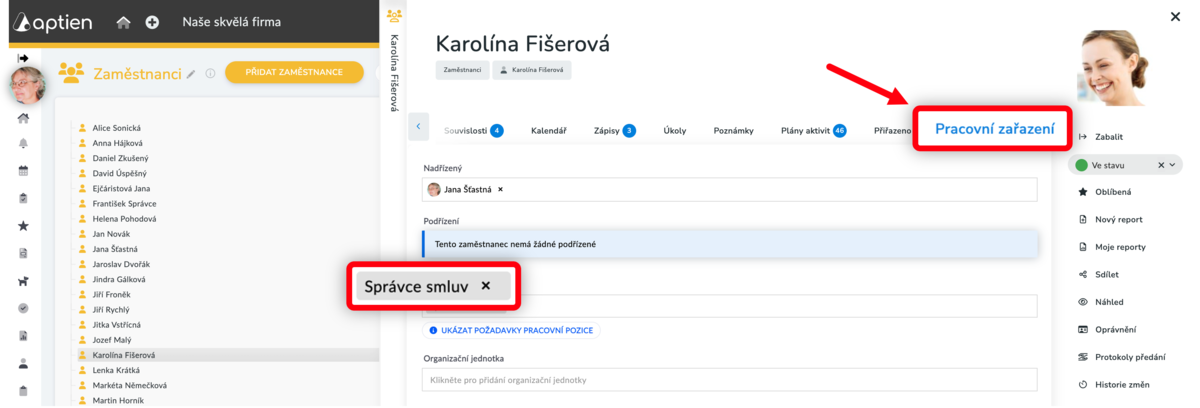 Obsazené pracovní místo zaměstnancem