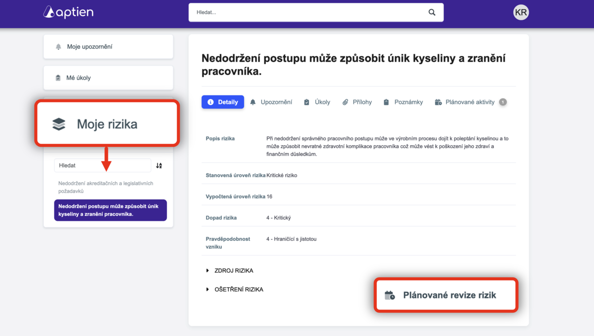 dashboard - přehled rizik vlastníka rizik